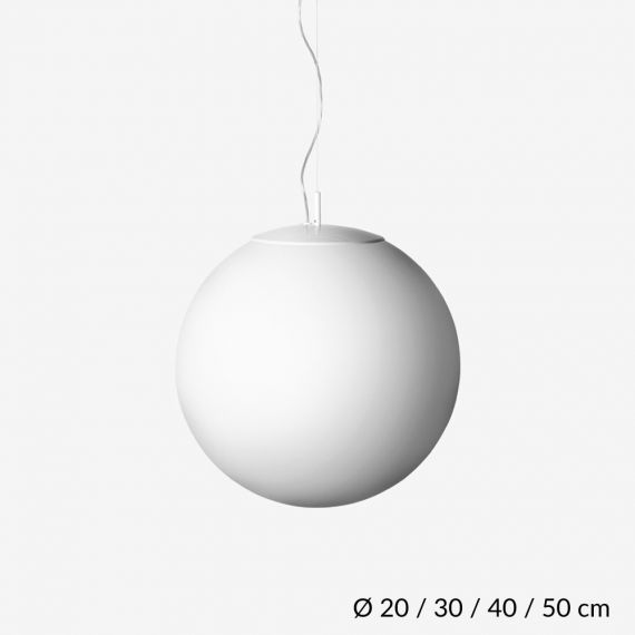 ONA White spherical glass pendant light with steel cable suspension