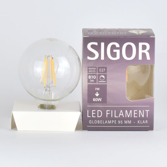 SIGOR Retrofit dimmbar, E27 Globe LED-Filament, klar, ersetzt 60 Watt Glhbirne, EEK A++