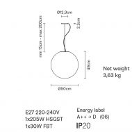 LUNAR Pendelleuchte mit rundem, weiem Glas Abmessung der groen Kugel-Lampe mit  50 cm.