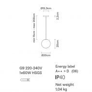 LUNAR Pendelleuchte mit rundem, weiem Glas Abmessung der kleinen Kugel-Lampe mit  20 cm.
