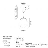 VINCENT Pendelleuchte mit weiem Glas Abmessung der Pendelleuchte.