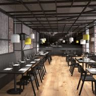 JUNO pendant light in bright colors Moderne Beleuchtung fr Restaurant mit den bunten Pendeln.