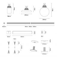 SUSPENDED SYSTEM Modulares Leuchtensystem mit vier verschiedenen Lichtquellen Abmessung der Leuchten und Systemelemente.