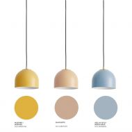 NENA Pendelleuchte mit farbigem Schirm Pendellampe mit Schirm in Gelb, Silhouette, Blau.