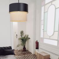 CAIN DOUBLE Design Pendelleuchte mit Textil Modernes Lampenpendel Schwarz mit Leinen-Schirm.
