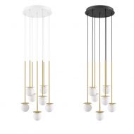 MIORI 7-flammige Kugelglas-Pendellampe Elegante, goldfarbene Halerung der Pendellampe.