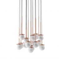 MIORI 16-light spherical glass pendant lamp 7er-Pendellampe mit kupferfarbener Halterung.