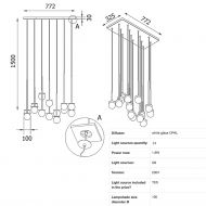 MIORI 14-flammige Kugelglas-Pendellampe Abmessung der 14-flammigen Designleuchte.
