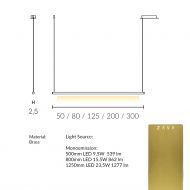 TRATTI Long brass pendant light Abmessung und Lumen der Leuchte.