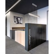 C-LINE lngliche LED Hngeleuchte aus Beton Die Beton-Hngeleuchte ber dem Empfangstresen.