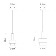 REFLECTIONS pendant light with two brass or pewter cylinders in Danish style Abmessungen der Leuchten XS und S.