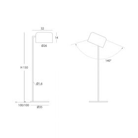 TARRO floor lamp made of metal with swivel shade Abmessungen der puristischen Stehleuchte.