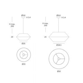 UKELELE Geometric pendant lamp from Spain Abmessungen der spanischen Pendelleuchten.