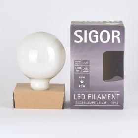 SIGOR Retrofit GLOBE dimmbar, E27 LED-Filament, Opal, ersetzt 75 Watt Glühbirne, EEK A++