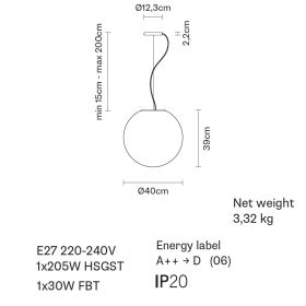 LUNAR Pendelleuchte mit rundem, weiem Glas Abmessung der groen Kugel-Lampe mit  40 cm.