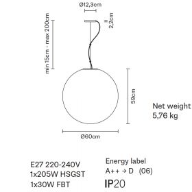 LUNAR Pendelleuchte mit rundem, weiem Glas Abmessung der extra groen Kugel-Lampe mit  60 cm.