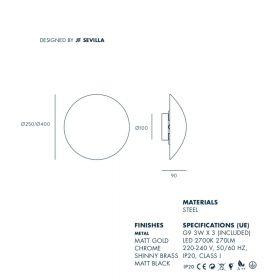 ECLIPSE wall light with curved metal shade Abmessung der runden Wandlampe.