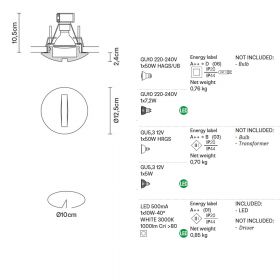 JNAT recessed spotlight with flat glass Abmessung der Einbauleuchte mit geschlossenem Glas.