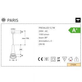 PARIS Elegante LED Hängeleuchte Abmessung und Lumen der Hängeleuchte.