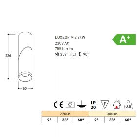 MINI SCOOP DEIMOS Dreh- und schwenkbarer Deckenspot Abmessungen und Lumen des Deckenspots.