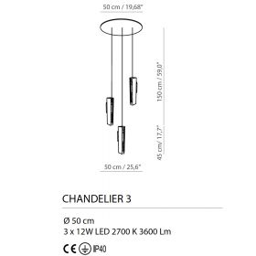 EXCALIBUR Exklusive 3er Kaskaden-Leuchte aus italienischer Manufaktur Abmessungen des italienisches Lampenpendels.