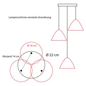 Ceiling canopy with three outlets Versetzte Anordnung der Lampenschirme.