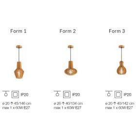 CLAIR Pendelleuchte mit Lampenschirm aus Holz Abmessung der drei Pendelleuchten.