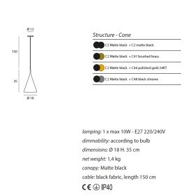 GORDON Italienische Pendelleuchte mit konischem Schirm Abmessungen der Pendelleuchten 18 cm.
