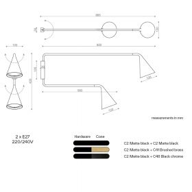 GORDON 2-light Italian wall light with movable shades Abmessungen des italienischen Wandleuchters.