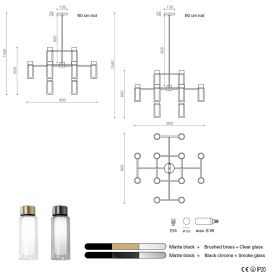 ORIENTE Moderner Italienischer Kronleuchter 12 flammig mit Messing und Glasrohr