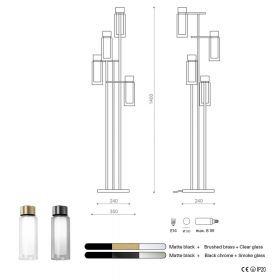 OSMAN Italienischer Stehleuchter mit Messing und Glasrohr Abmessungen Glas-Designleuchte.