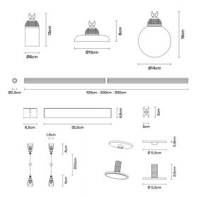 SUSPENDED SYSTEM Modulares Leuchtensystem mit vier verschiedenen Lichtquellen Abmessung der Leuchten und Systemelemente.