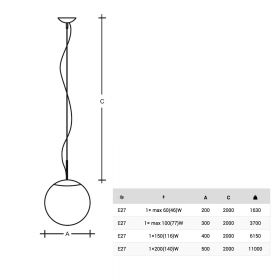 ONA White spherical glass pendant light with steel cable suspension Abmessungen der Kugelglas-Pendelleuchte.