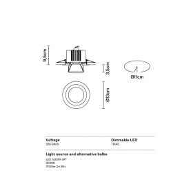 CHAP Dimmable LED recessed spotlight Abmessung und Lumen des Einbauspots.