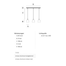 CLAVIO S 3-piece pendant light with ceramic shade Abmessung der 3-flammigen Leuchte.