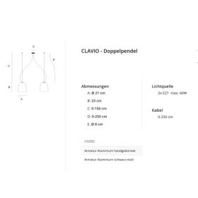 CLAVIO Design Doppel-Pendelleuchte mit Keramik-Schirm Abmessung der Ausfhrung als Doppelpendel.