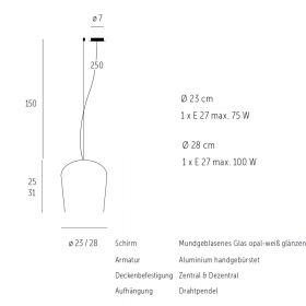 SYSS Hochwertige Glas-Pendelleuchte Abmessung der Pendelleuchte.