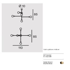 ARCO 6-flame minimalist chandelier with brass details Groer Stangen-Kronleuchte Abmessung.