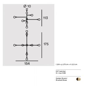 ARCO 9-flam. minimalistischer Leuchter mit Messing Details Groer Stangen-Kronleuchte Abmessung.