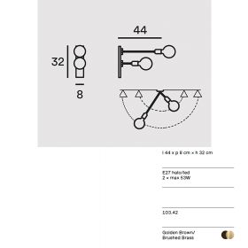 ARCO Wandleuchte mit Messing Details Wandleuchte mit zwei E27 Fassungen.