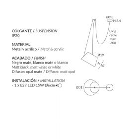 MAGNUS Modern pendant light with adjustable shade Abmessung der Pendelleuchte.