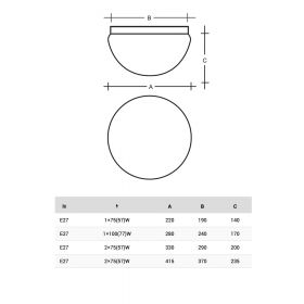 ADEL Semicircular ceiling light made of opal glass Abmessung der Deckenlampe.