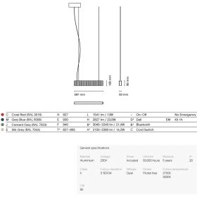 DUNE Lineare Hngeleuchte mit gewellter Front Farbgebung, Lumen und Abmessung der Hngeleuchte mit 161 cm.