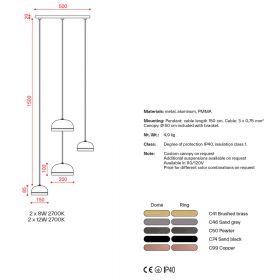 POLLY Italian LED pendant light with 4 lights Abmessung der 4-flammigen Leuchte.