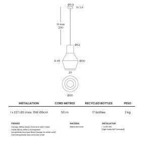 TINA pendant light with colored shade Abmessungen der spanischen Pendelleuchten.