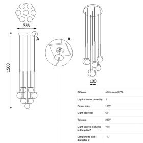MIORI 7-flammige Kugelglas-Pendellampe Abmessung der 7-flammigen Designleuchte.
