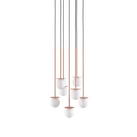 MIORI 7-flammige Kugelglas-Pendellampe 7er-Pendellampe mit kupferfarbener Halterung.