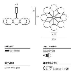 PLANETA Modern chandelier with 8 globes Moderner Kronleuchter mit 80 cm Dm.