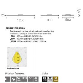 TRATTI Lange Wandleuchte aus Messing Abmessung und Lumen der Wandleuchte.