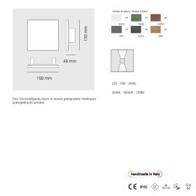 WING  Flache quadratische Auenwandleuchte Up & Down Abmessung und Lumen der Wandleuchte Up&Down.